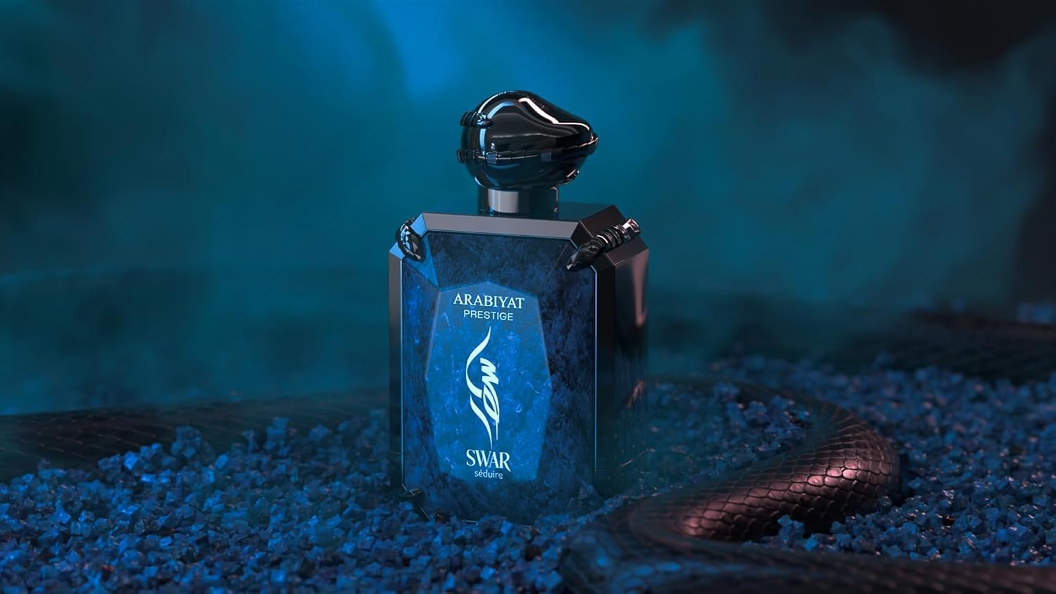 Close-up of Swar Seduire perfume bottle with gold accents – vanilla, oud, amber notes