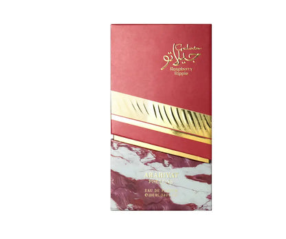 Red and gold perfume box with brand logo on a white background