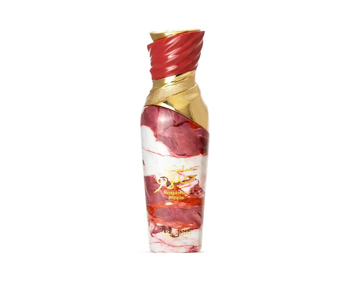 Decorative bottle with red and gold design on a white background