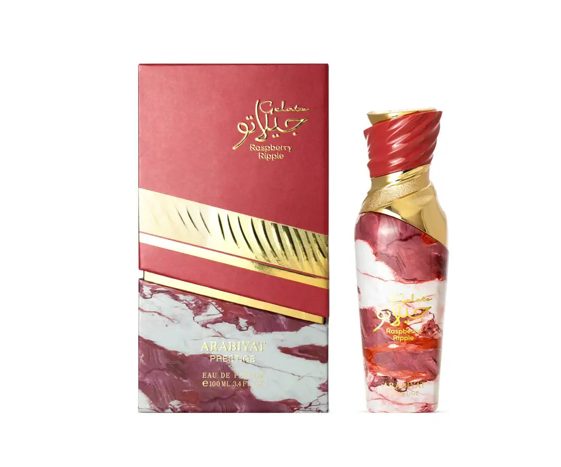 Perfume bottle and packaging with marbled design on a white background